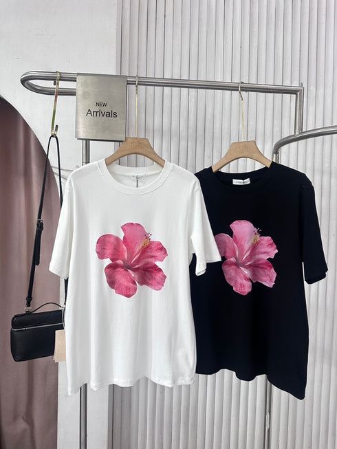 Solid Color Flower Print T-shirts